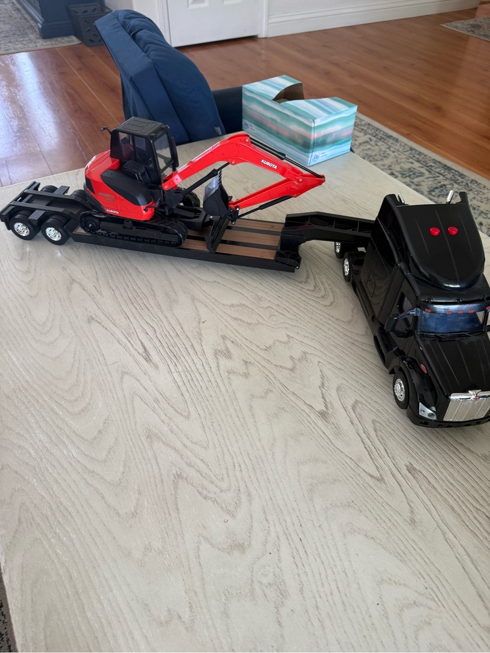 NewRay Kubota KX080-4 Excavator with Peterbilt Truck & Lowboy Trailer